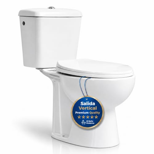 Inodoro Completo Blanco con Salida Vertical. WC Inodoro Completo | Cierre Suave Soft Close. Retrete para Baño de Porcelana. Sanitarios WC Compactos. Váter Moderno y Económico
