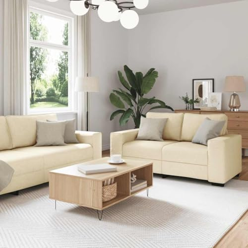 HETFTJN 2-teilige Creme Sofagarnitur mit 2-Sitzer und 3-Sitzer Couchgarnitur 100% Polyester Holz Metall 160/221 x 77 x 82 cm Modernes Design Robust für Wohnzimmer Büro Gästezimmer