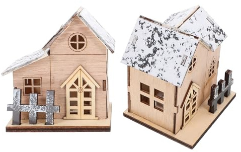 Hemobllo 2 Pezzi Decorazioni Natalizie in Legno LED di Piccole Case Luminose da Tavolo Ornamenti per Casa e Feste con Atmosfera Calda e Artigianato Raffinato