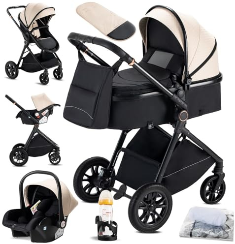 KAVELLIN Kinderwagen 3 in 1, Kinderwagen, Zusammenklappbar kombikinderwagen 3 in 1 komplettset inkl. Becherhalter, Moskitonetz, Fußabdeckung, Regenschutz, Kinderwagen for 0-36 Monate, Creme
