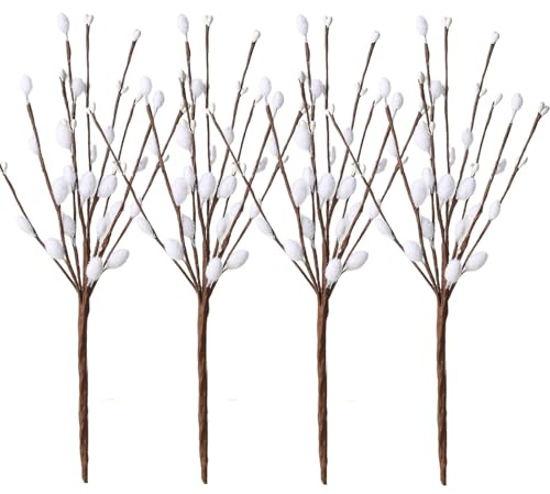 HERZONE 4 fasci di rami decorativi con gattini di vimini | Gattino di palma | Pianta artificiale per decorazione pasquale | Primavera (bianco)