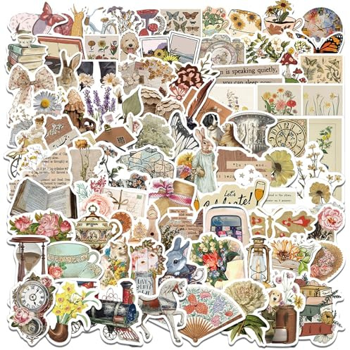 HTTDSLF 100 Pezzi Adesivi Vintage, Adesivi Scrapbooking, Vintage Adesivi, Stickers Aesthetic, Stickers Journaling, per Bottiglia d'acqua, Laptop, Album di Ritagli, Diario (Fiore)