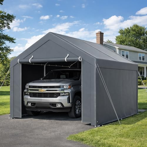 Hebitod Garagenzelt 3x4 m in Grau, Mobile Zeltgarage mit PE-Plane, verzinktem Stahlrahmen, Erdankern und Abspannseilen, wettergeschützter Unterstand für Auto, Motorrad, Fahrräder und Gartengeräte