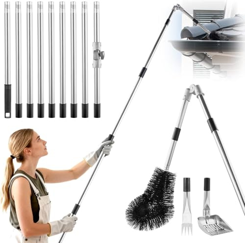 Telescopic Gutter Cleaner,4m Extendable Gutter Cleaner Kit with Gutter Brush,180° Swivel Head,Rake, Shovel,9-Section Adjustable Pole for Roof Downpipe Patio Removes Leaves & Mud