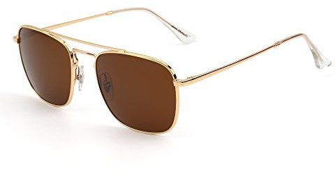 JIM HALO Gafas de Sol Retro Cuadradas Lente de Vidrio de Plano Metal Anteojos Hombre Mujer(Dorado/Marrón)