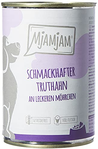 MjAMjAM - nourriture humide premium pour chiens - dinde savoureuse avec de délicieuses carottes, pack de 6 (6 x 400 g), sans céréales avec de la viande supplémentaire