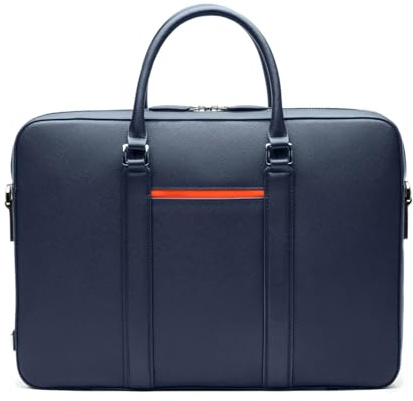 Maverick & Co. Manhattan laptopväska i läder – 16 tum portfölj för män, snygg affärsresa och arbetsväska, passar bärbar dator, hållbar, Marinblå – tiger orange, 41.5 cm (L) x 29.5 cm (W) x 6.5 cm (D)