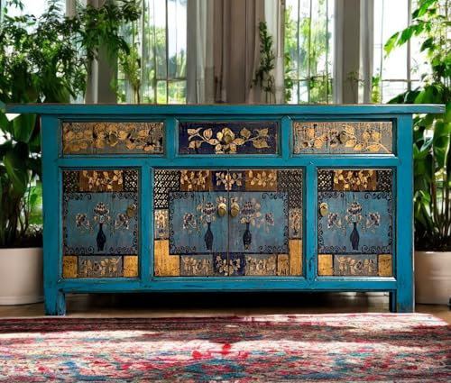 OPIUM OUTLET Asien skänk, blåfärgad, byrå bröllopsskåp kinesisk orientalisk antik stil, skänk shabby vintage, buffé trä