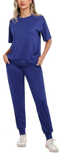 Irevial Sportivo Donna Completo, Completi Sportivi Donna Due Pezzi, Tuta Donna Sportiva Estiva, T-Shirt & Pantaloni Casual, Elegante Tuta Donna Ginnastica per Jogging, Casa, Fitness, Blu, M