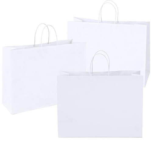 Ronvir 50 Pcs Large Gift Bags,41x15x30cm Recycled Kraft Paper Bags With Handles for Business, Wedding, Retail, Grocery, Shopping, Birthday, Halloween, Christams,White