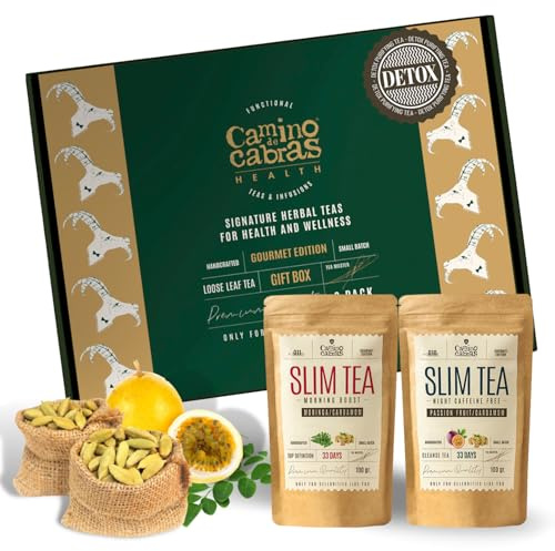 Pack Slim Tea Mañana y Noche Detox CAMINO DE CABRAS® | Infusiones a Granel para Energía Natural y Relajación Nocturna | Morning Boost + Night Caffeine Free | Caja Regalo Premium 2x100g