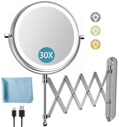 5000mAh Rechargeable Wall Mounted Makeup Mirror - 8 Inch Double Sided 1X/30X Magnifying Mirror with 3 Color Lights Dimmable Touch Screen, 360°Swivel 19.6 Inch Extendable Accordion Bathroom Mirror