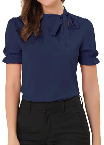 Allegra K Women's Bow Tie Neck Tops Elegant Office Short Sleeve Blouse Dark Blue 12