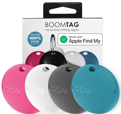 Boompods Boomtag Schlüsselfinder 4er Pack - Smart Tag Wallet Finder, Mini GPS Tracker Bluetooth kompatibel mit Apple Wo ist? App, Schlüssel- & Gegenstandsfinder für Schlüssel, Koffer, Kinder und Hund