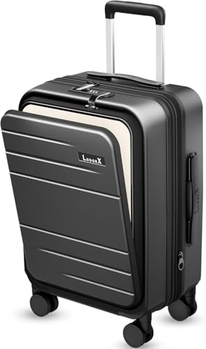 Luggex Expandable Carry On Suitcase with Laptop Compartment, 4 Spinner Wheels & TSA Lock, PC Hard Shell Cabin Suitcase Hand Luggage for Men Women Travel Business (Black, 55cm)