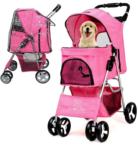 JupiterJX Dog Stroller with Rain Cover, Pet Pram for Small Medium Dogs, Dog Buggy with Storage Basket Cup Holder, Cats Dogs Pushchair, Foldable Pet Pram for Cats Puppies (Pink with Rain Cover)