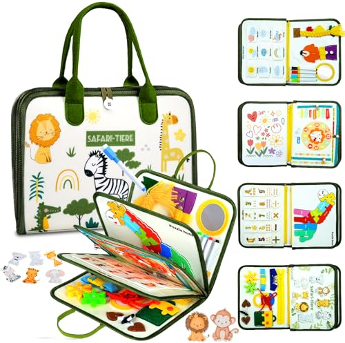 Almaxi Busy Board Deutsch Montessori Spielzeug ab 1 2 3 Jahre, 8 in 1 Montessori Spielzeug Activity Board Motorikspielzeug 5-Schichten, Lernspielzeug für Reise Auto Flugzeug ab 2-5 Jahre Junge Mädchen