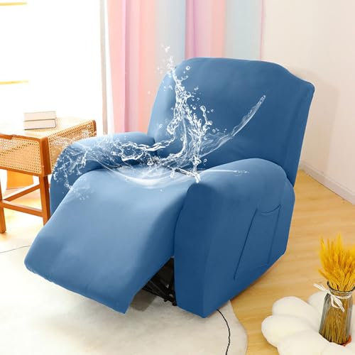 Chickwin Sesselschoner für Relaxsessel, 1/2/3 Sitzer Fernsehsessel Bezug mit Taschen Elastisch Sesselschoner für Fernsehsessel, Einfarbig Sesselschoner mit Armlehne (1 Sitzer,Blau)