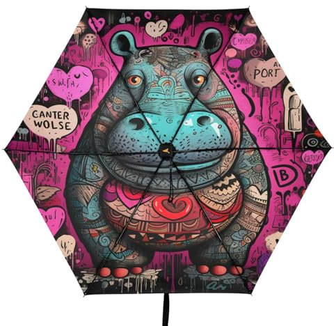 Linnyio Gekritzel Cartoon Schwarzes Pferd Taschenschirm, UV-Schutz, Kompakter Reiseschirm, Sonnenschutz für Jungen und Mädchen