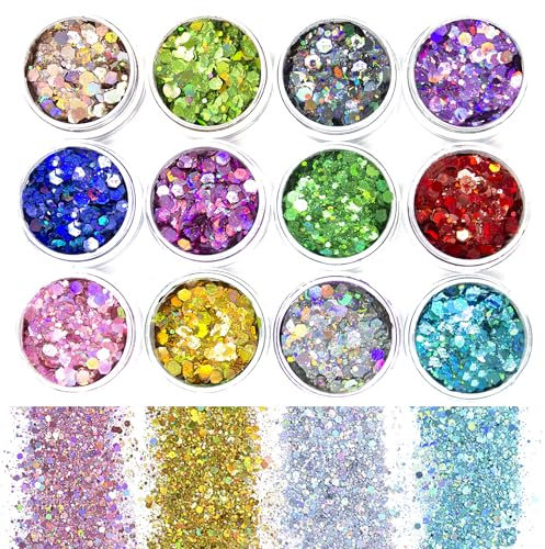 ZIYOYIZ 12 Colors Holographic Face Glitter for Kids Festival Hair Body Glitter Nail Art Glitter Sequins for Crafting/DIY/Makeup (01, 7g)