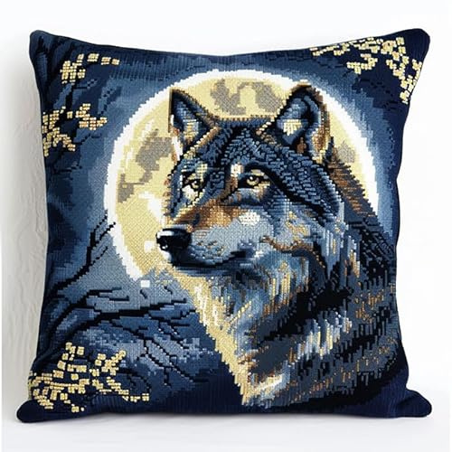 WallustrioaW Tier Wolf Kreuzstichkissen,Nachtansicht des Himmels,Kreuzstickpackung vorgedruckt Sticksets Für Erwachsene,Anfänger,45x45cm Kreuzstichkissen/Stickkissen-Set