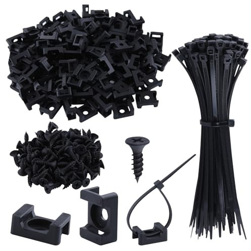 GOLD DEER 100 Pcs Cable Zip Tie Saddle Type Mounts Base with 100 Pcs 6 Nylon Cable Ties and 100 Pcs Tapping Screw Wire Cable Clips Organizer Holders Clamps for Baseborad,Wall or Desk,Black