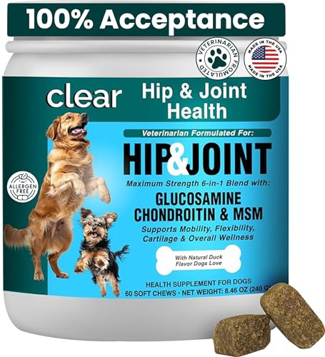 Glucosamine for Dogs Hip and Joint Supplement - Chondroitin, MSM, Green-Lipped Mussel - Clear Hip & Joint - Advanced Mobility Cartilage Support, Bone Health - Tasty Chews 60ct - Made in USA