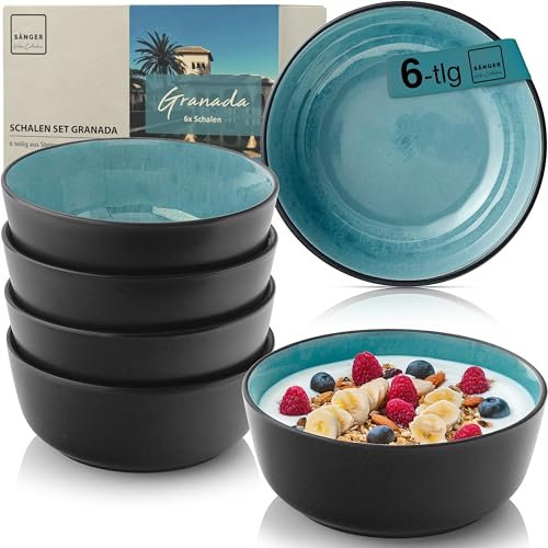 Sänger Granada | Steingut Müslischalen Bowl Schüssel 6 teilig, Schüssel Set 6 Personen, Schale spülmaschinen- mikrowellen- kratzfest, Schüsseln blau mit schwarzem Rand 550 ml | VALUE COLLECTION