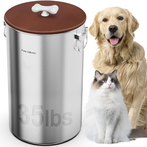 Paw Libero 15,9 kg rostfritt stål hundmat förvaringsbehållare med lufttätt lock och keramiska benhandtag, stor metall hundmatlåda för hundar och katter, håller sig fräsch, lätt att rengöra