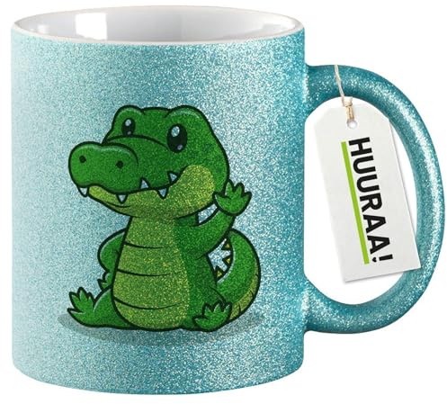 Huuraa Glitzertasse Krokodil Comic Geschenk | Motivtasse 330ml Glitzer Tasse mit Spruch Blau Keramik Kaffeebecher Geschenkidee Blue Glitter Becher mit Motiv