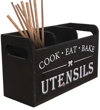 Qkbuza Porta spatola da cucina, Organizzatore di posate da banco | Organizzatore di utensili in legno,Scatola di immagazzinaggio per stoviglie con 3 scomparti fori di drenaggio per tavoli