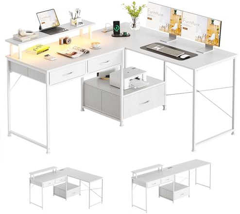 MUTUN L Shaped Computer Desk with Power Outlet & LED Lights, 128x120 cm Reversible Corner Gaming Desk with Drawers, 2 Person Office Study Table Computer Workstation for Home, White