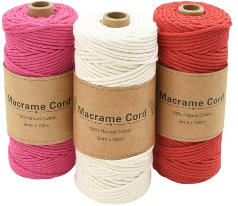 Coriver 3 pezzi di filato macramè, 3 mm x 100 m, filo macramè, filo macramè, filo macramè, set di base per fai da te, decorazione per piante sospese (6° rosso + marrone + beige)