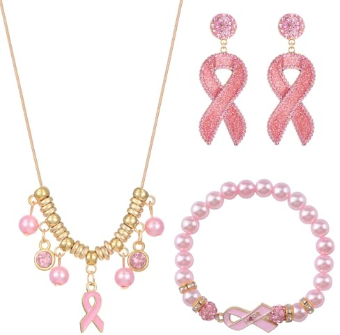 WANDIC 3 PCS Rosa Ottobre Bracciale Regolabile Nastro Rosa Consapevolezza Del Cancro Al Seno Strass Orecchini Collana Gioielli per Le Donne Supporto