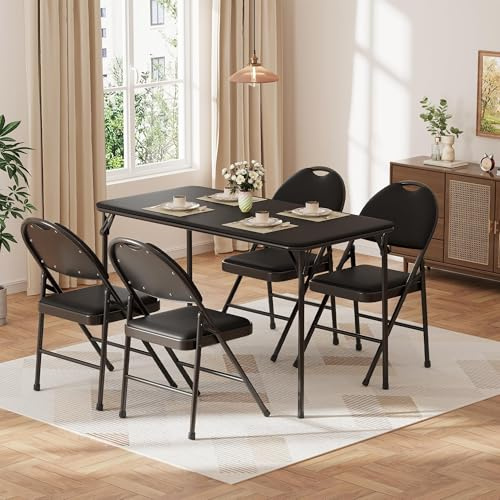 47 (120 cm) Folding Table, Portable Foldable Camping Table with PU Leather Padded Tabletop, Lightweight and Durable, for Home, Parties, Picnics, Game Nights, Indoor and Outdoor Use, Black