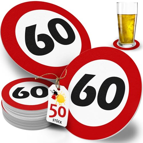 Bierdeckel 60. Geburtstag rund im Verkehrsschild-Design – 50 Stück Set witzige Tischdeko & Glasuntersetzer – Humorvolle Party Deko für Mann/Frau Jubiläum – beidseitig Bedruckt