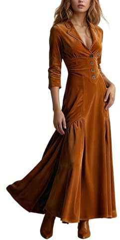 YOSUWOAI Robe longue en velours pour femme - Automne - Hiver - Vintage - Western Country - Robe de loisirs - Couleur unie - Manches longues - Robe d'hiver élégante - Ligne A - Robe de cocktail étroite