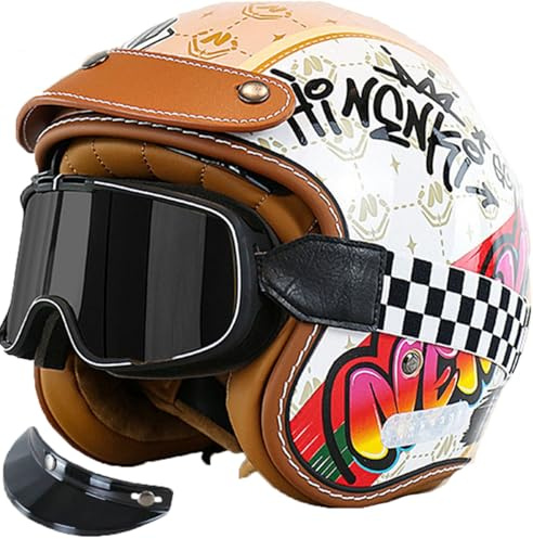 Damhjälm halvt skal, skoterhjälm, DOT/ECE-godkänd öppen ansiktsmotorcykelhjälm, kraschhjälm, mopedhjälm, motorcykelhjälm med vintageglasögon för pendling 3,M (57–58 cm)