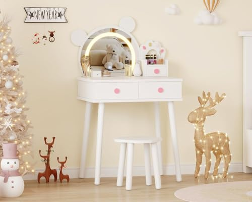 Koioplie Kinder Schminktisch mit Beleuchtung, Frisiertisch Mädchen mit Spiegel & Schubladen, Kosmetiktisch mit Hocker, Kinderschminktisch Set für Kinder ab 3 Jahren, Weiß