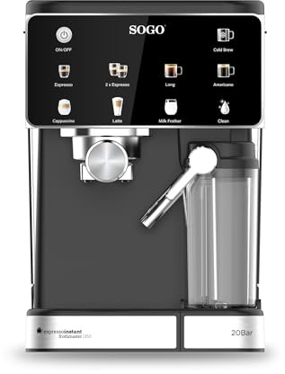 SOGO Cafetera Espresso 4 en 1 con Espumador de Leche y Panel Táctil – 20 Bar, Compatible Nespresso® y Café Molido, Depósito 1.5 L, 1350 W, Negro