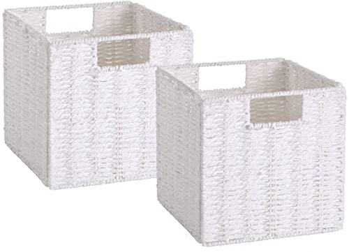 Vagusicc Aufbewahrungskorb Geflochten mit Griffen, 2 Stück Faltbare Aufbewahrungsbox, Handgewebt Korb Boho Deko Aufbewahrung Klein Regalkörbe für Badezimmer Wohnzimmer Regal, 23x23x23 cm, Weiß