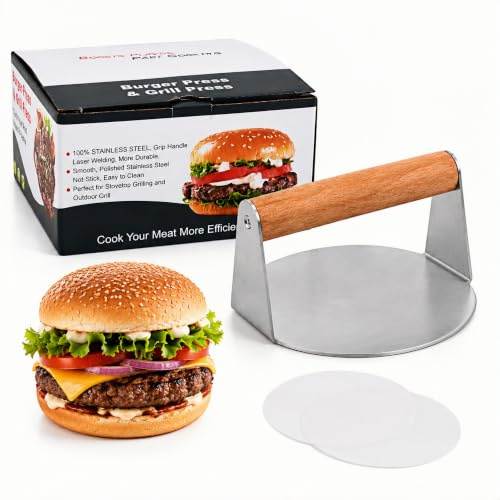 Pressa per Hamburger in Acciaio Inox Ø 14 cm, Schiacciacarne Professionale con Manico in Legno incl. 50 Dischi di Carta Forno, Smash Burger Press per Grill e Padella, Ideale per Steak, Bacon e Panini
