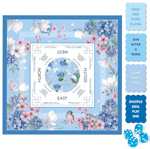 R HORSE Mahjong Tablecloth, Floral Game Mat with 4 Dice & 4 Shuffle Cards | 55 x 55 Blue Flower Mahjong Table Cover with Rules, Gift for Family & Friends, Board Game Night Party Supplies