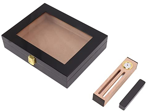 AUNMAS Caja de Humidificadores de Puros Caja de Humidificador de Puros de Madera Real con Ventana Transparente Higrómetro Mecánico y Humectante con Capacidad para 20 para Viajes, Oficina, Hogar,
