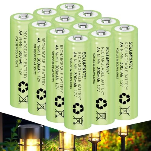 SOLUMINATE AA Rechargeable Solar Light Batteries 1.2V 300mAh NiMH (12-Pack)