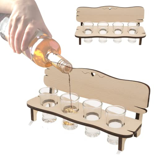 Vassoio per liquori con design a panca, in legno di faggio, con 4 bicchierini, con disegno a cuore, senza incisione