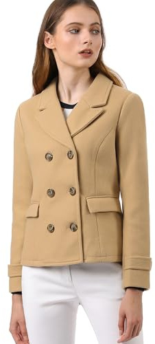 Allegra K Abrigos Elegantes Para Mujer Abrigo Corto Con Solapa Con Muescas Y Doble Botonadura Caqui XL