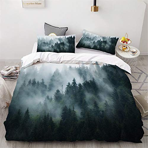 Mateju Bettwäsche-Set - Mikrofaser Bettbezug und Kissenbezug - Bettbezug mit Reißverschluss Schließung - 3D Landschaft Bedrucktes Bettwäsche Set (140x200cm (2pcs),Nebeliger Wald)