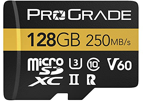 Scheda microSD V60 (128 GB), testata per dispositivi di schede SD di dimensioni intere, fino a 250 MB/s in lettura, 130 MB/s in scrittura di ProGrade Digital