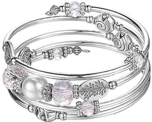 BULINLIN Crystal Beads Layered Bangle Bracelet, Silver Plated Metal Wrap Bracelet with Pearl, Jewellery Gifts for Women Ladies Friends（92-White）